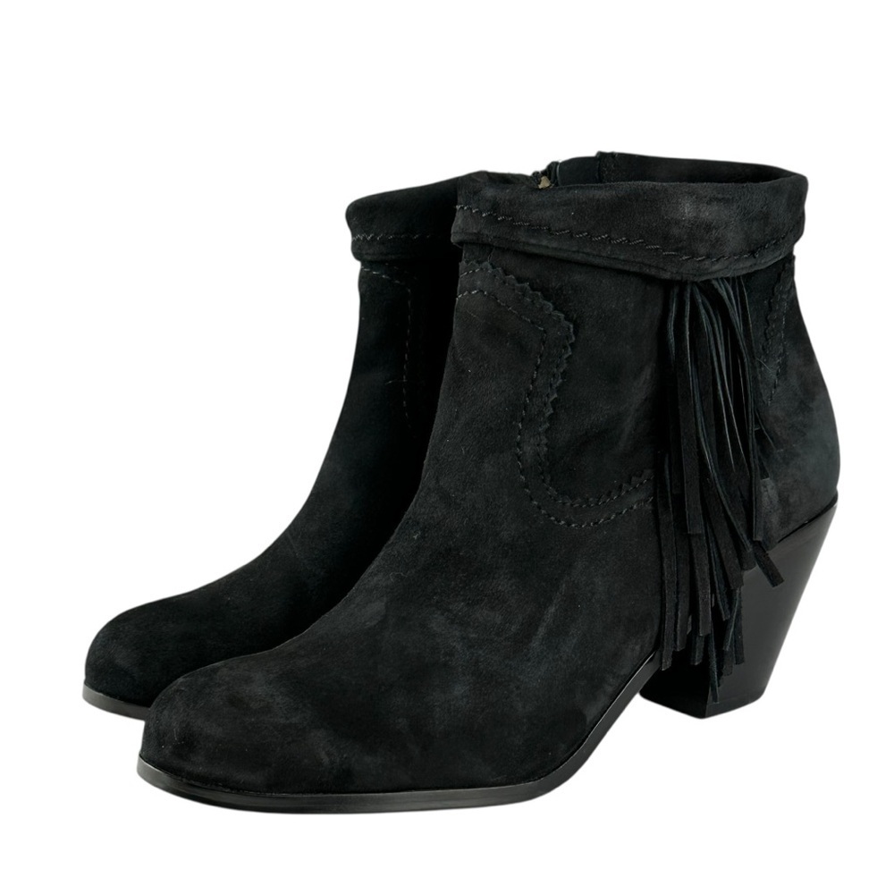 Sam Edelman Louie Black Suede Fringe Ankle Boots Block Heel Women's US Size 8